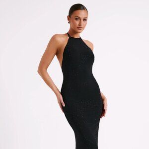KALI Hot Fix Mesh Halter Maxi Dress - Black
